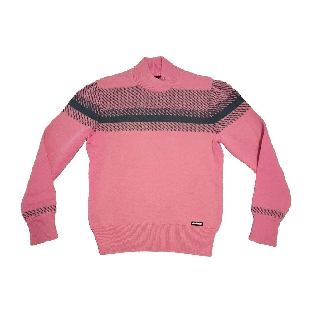 Vtg Lido of California Ski Sweater Mock Neck Pink & Black Striped Women's